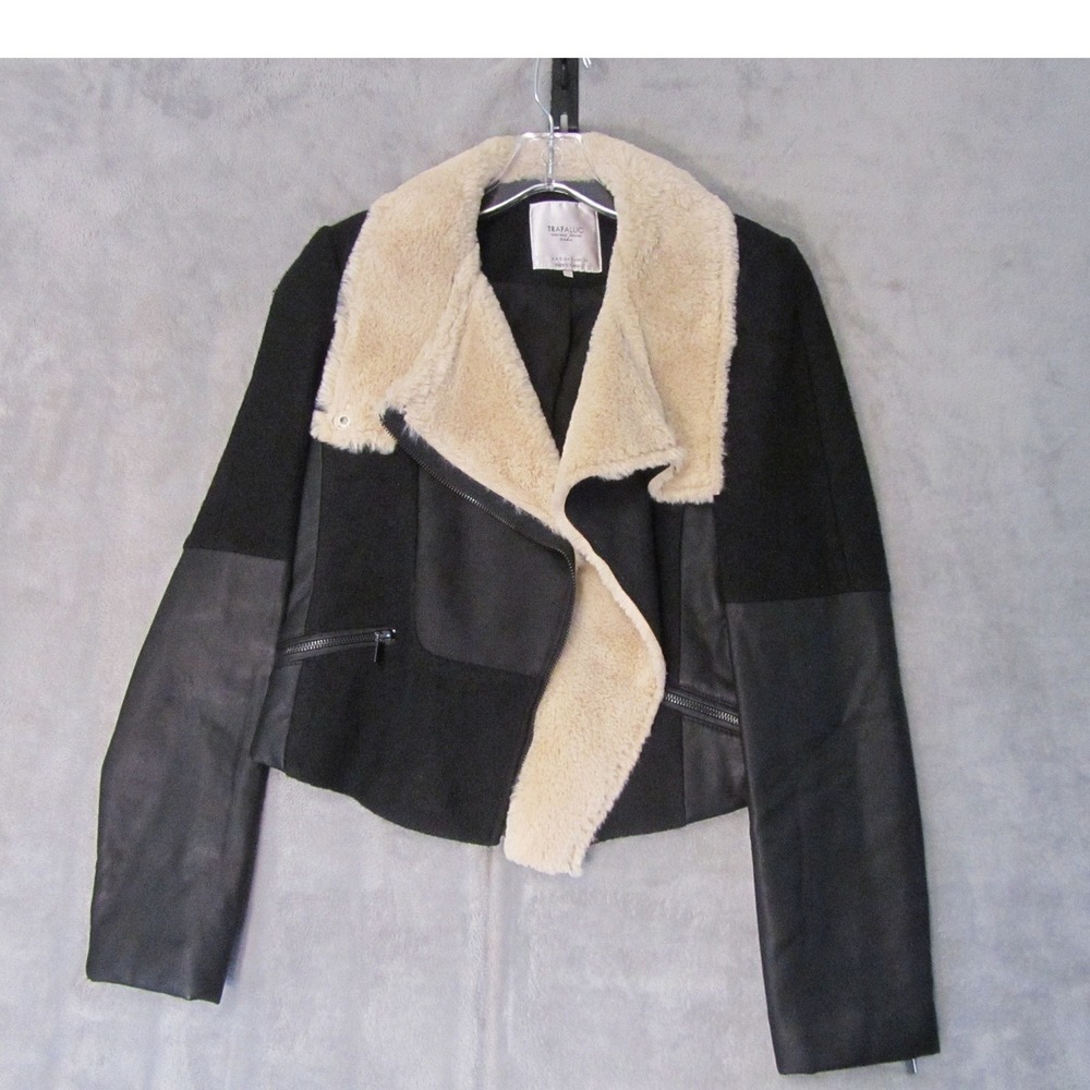 Zara Trafaluc Womens Black Faux Leather Mixed Media Moto Jacket Shearling S